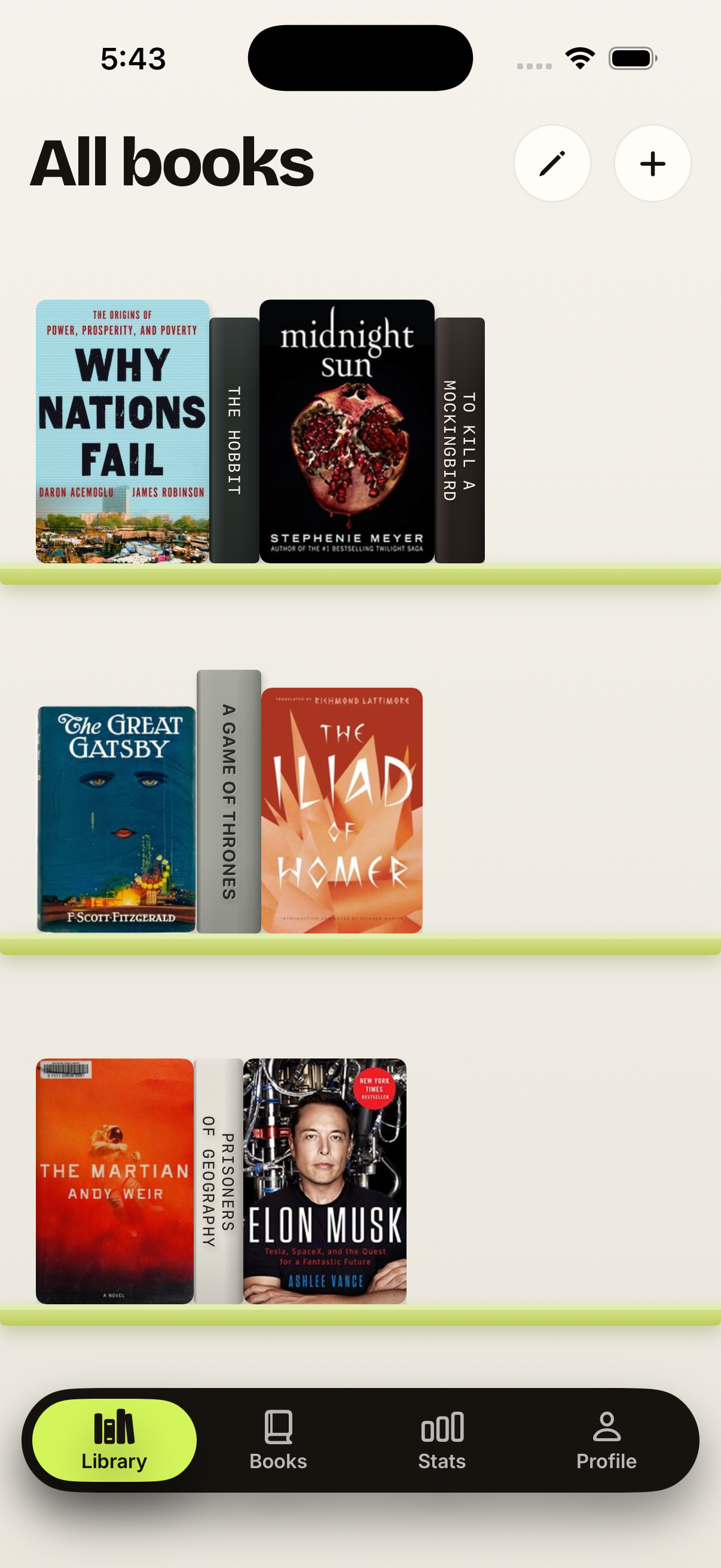 Library shelf view with book spines on shelves
