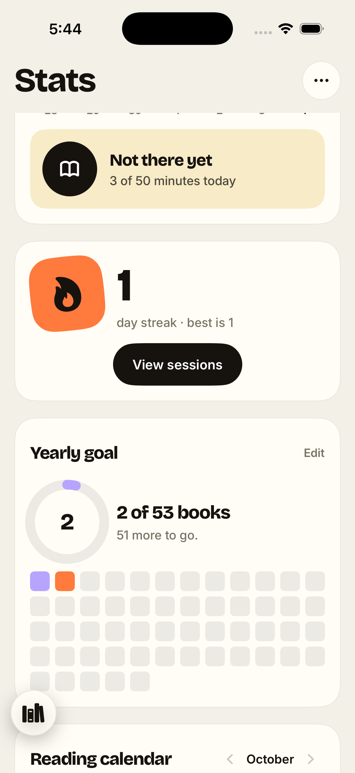 Stats screen with day streak and yearly reading goal